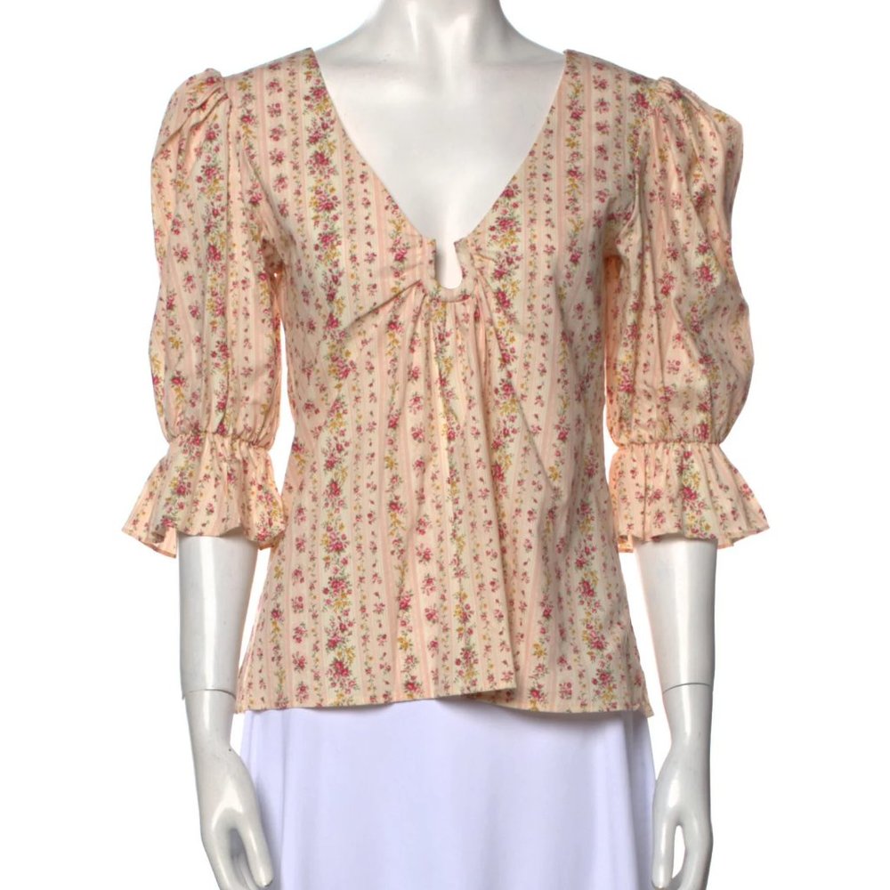 Petersyn Womens Pink Floral Print V Neck Ruffle Sleeve Blouse Top EXTRA SMALL